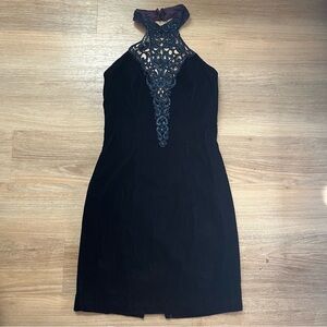 Vintage 1980 Blue Purple Velvet Sequin Halter Collar Dress